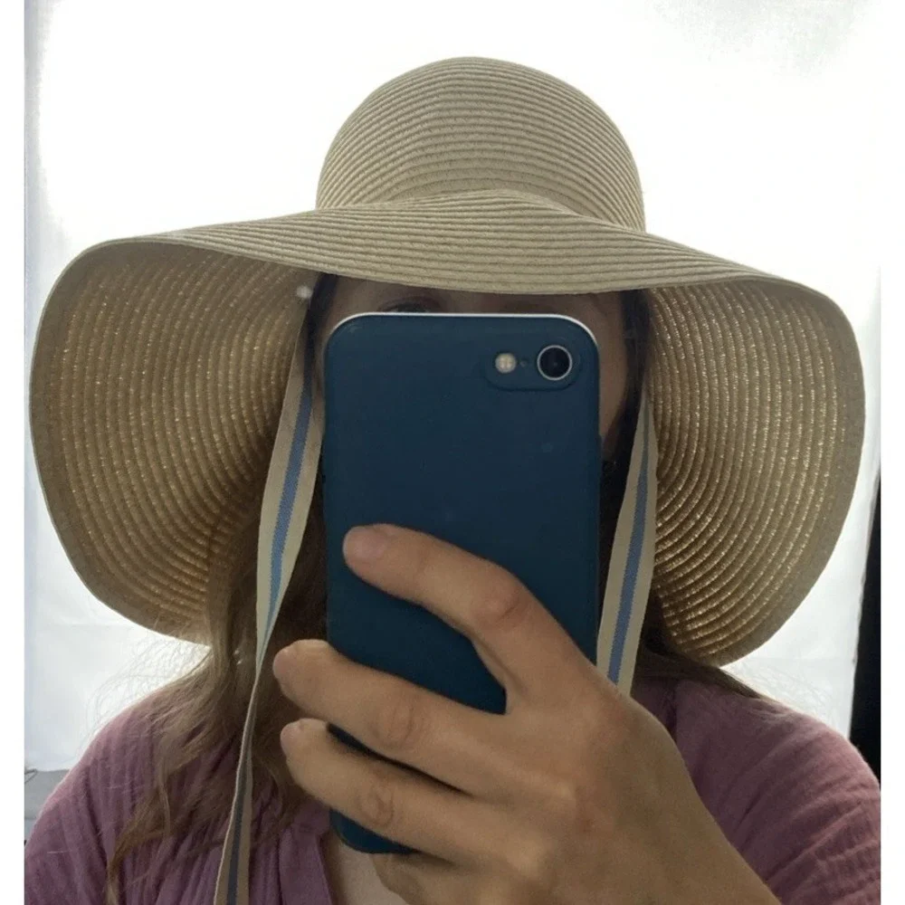 H&M Hat Women Tan Paper‎ Straw Wide Brim Sun Hat Frayed Edge S/54